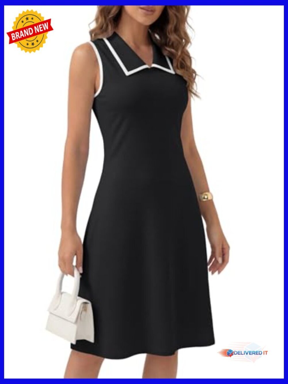 Sleeveless Collared A-Line Flare Midi Dress with Back Button Detail - Picture 2 of 6